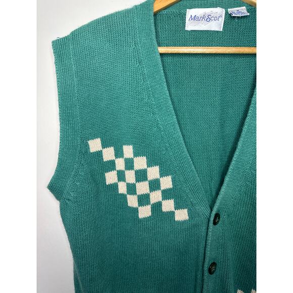 Vintage Mark Scot Teal and White Checkered Sweater Vest Sz M Linen Cotton Blend - Picture 2 of 6